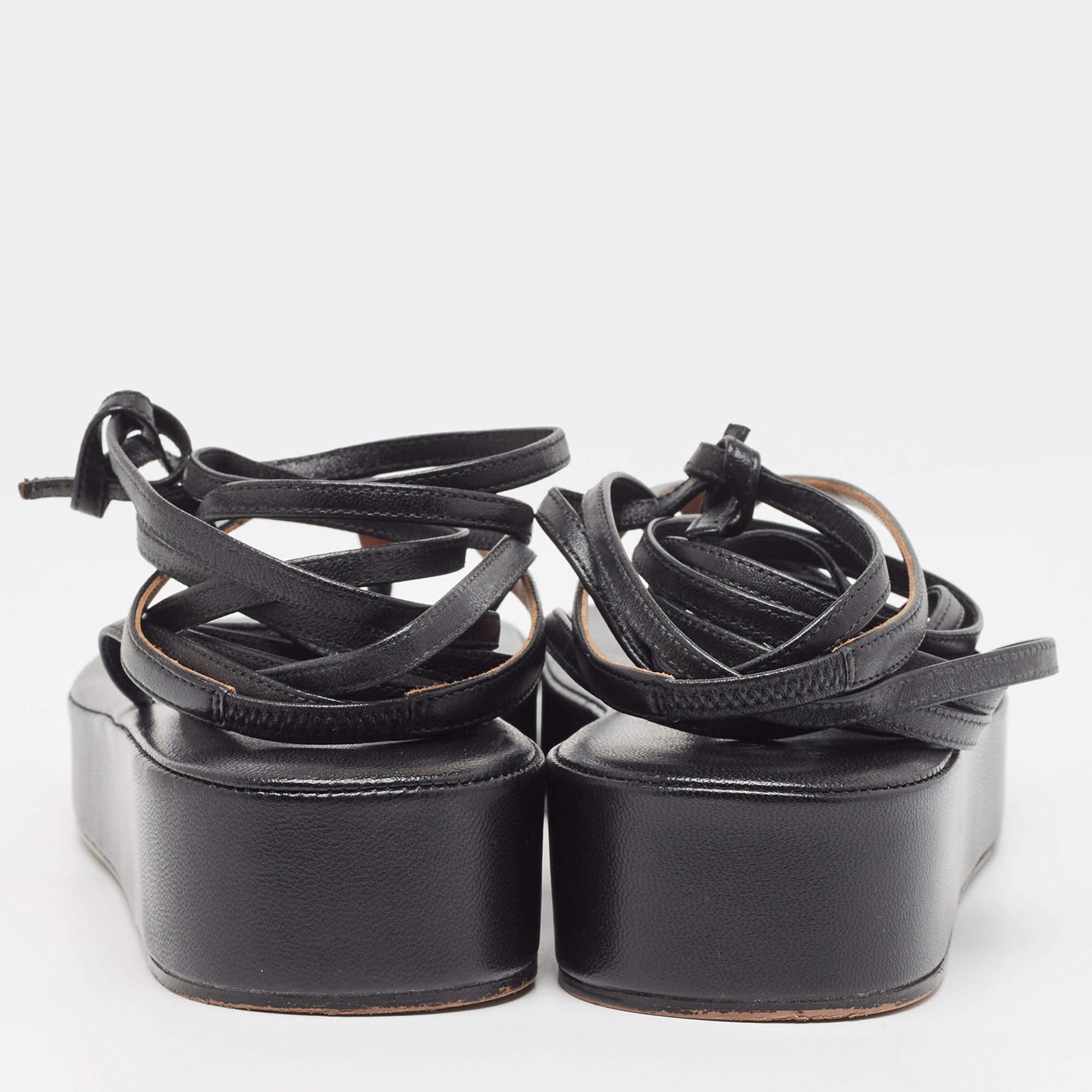 Amina Muaddi Black Leather Jamie Platform Ankle Wrap Sandals Size 37 1