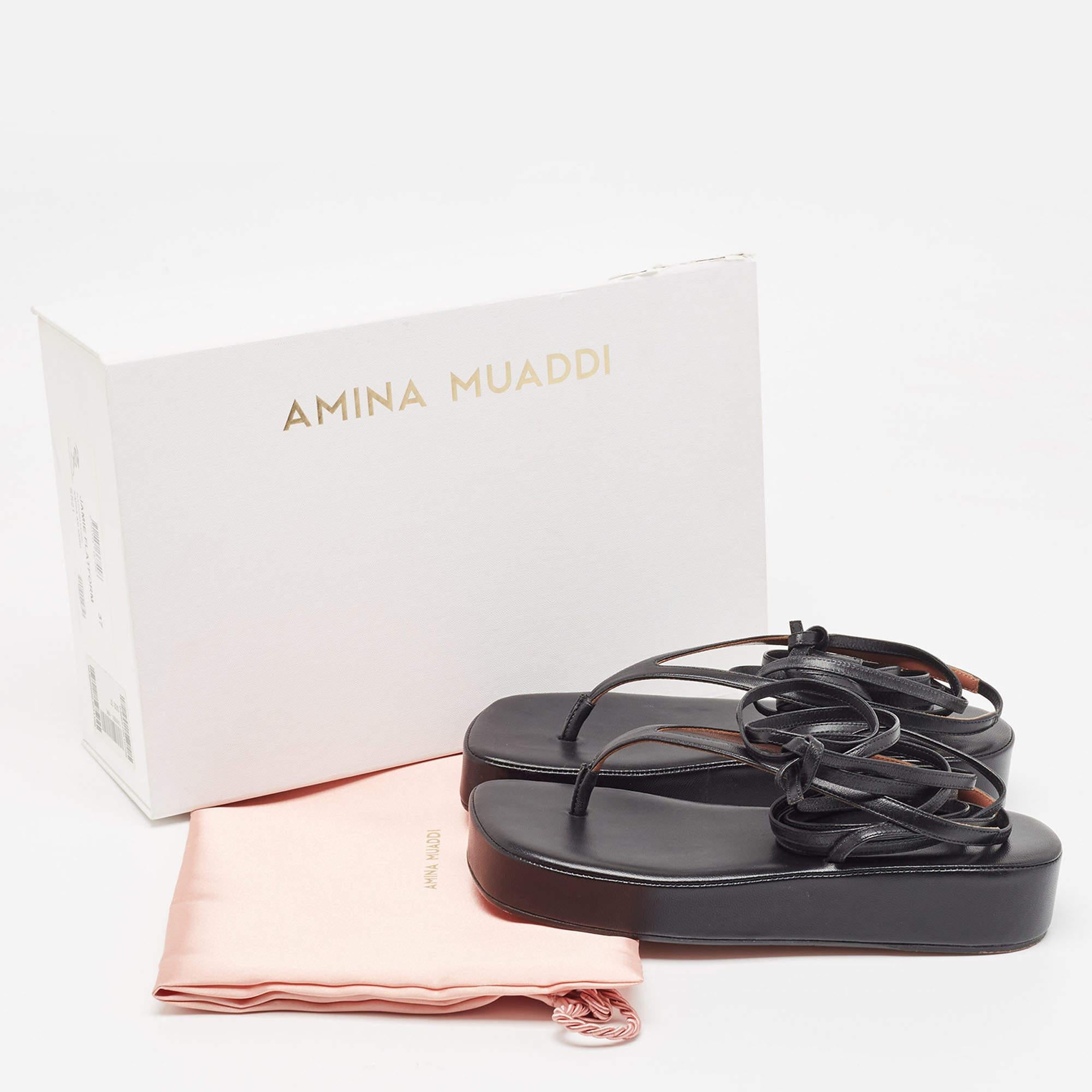 Amina Muaddi Black Leather Jamie Platform Ankle Wrap Sandals Size 37 5