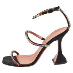 Amina Muaddi Black Satin Gilda Ankle Strap Sandals Size 35