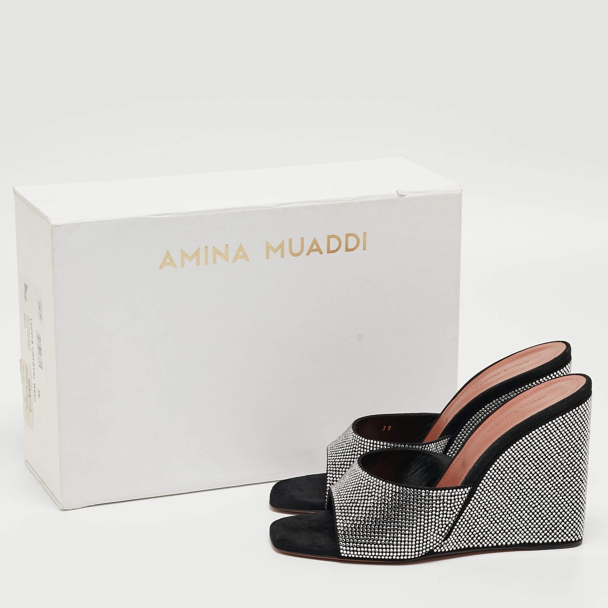 Amina Muaddi Black Suede Crystal Embsliejhd Lupita Wedge Sandals Size 39 For Sale 6