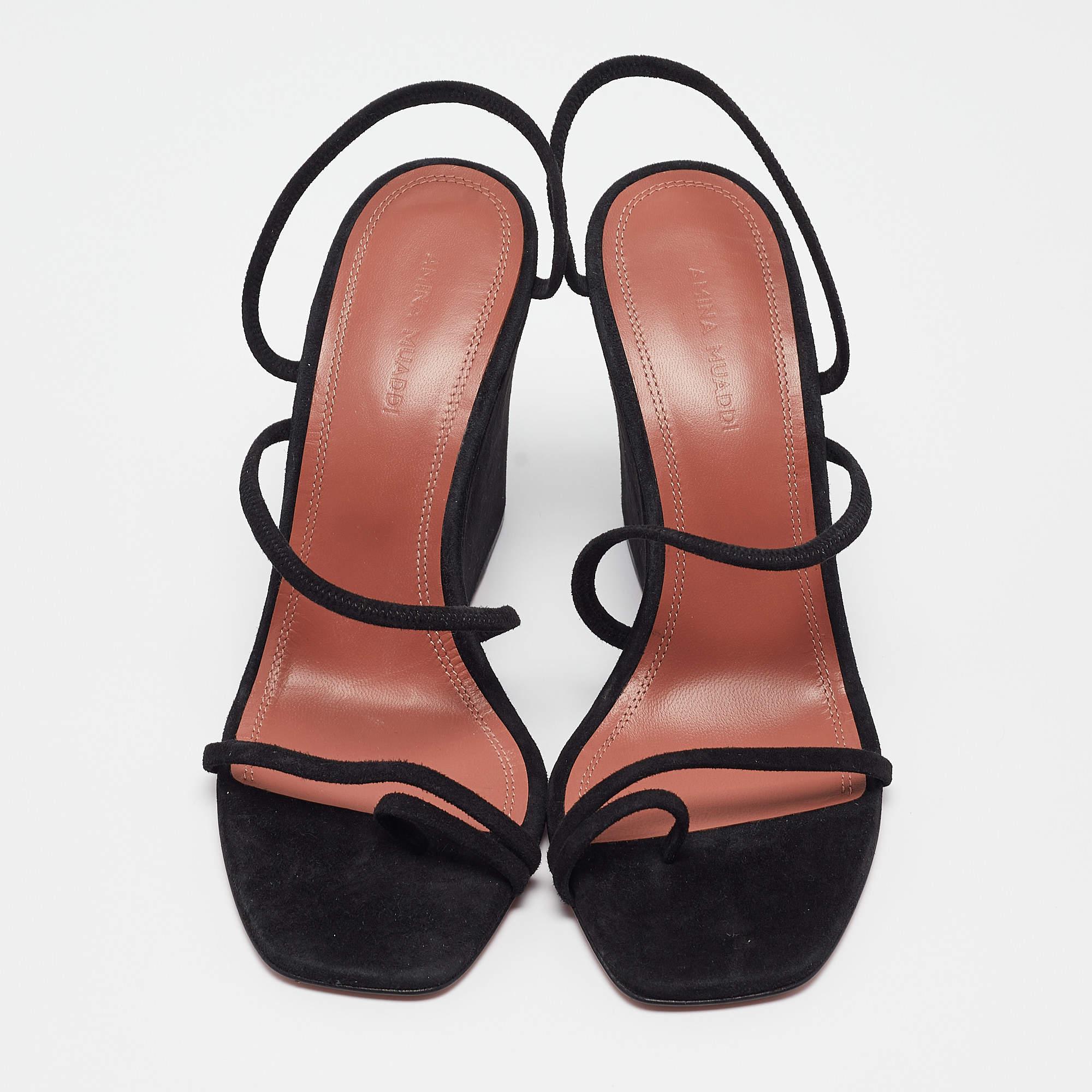 Amina Muaddi Black Suede Naima Wedge Sandals Size 37 In Excellent Condition In Dubai, Al Qouz 2