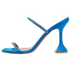 Used Amina Muaddi Blue Satin Crystal Gilda Sandals Size 37.5