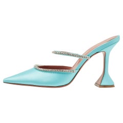 Used Amina Muaddi Blue Satin Gilda Mules