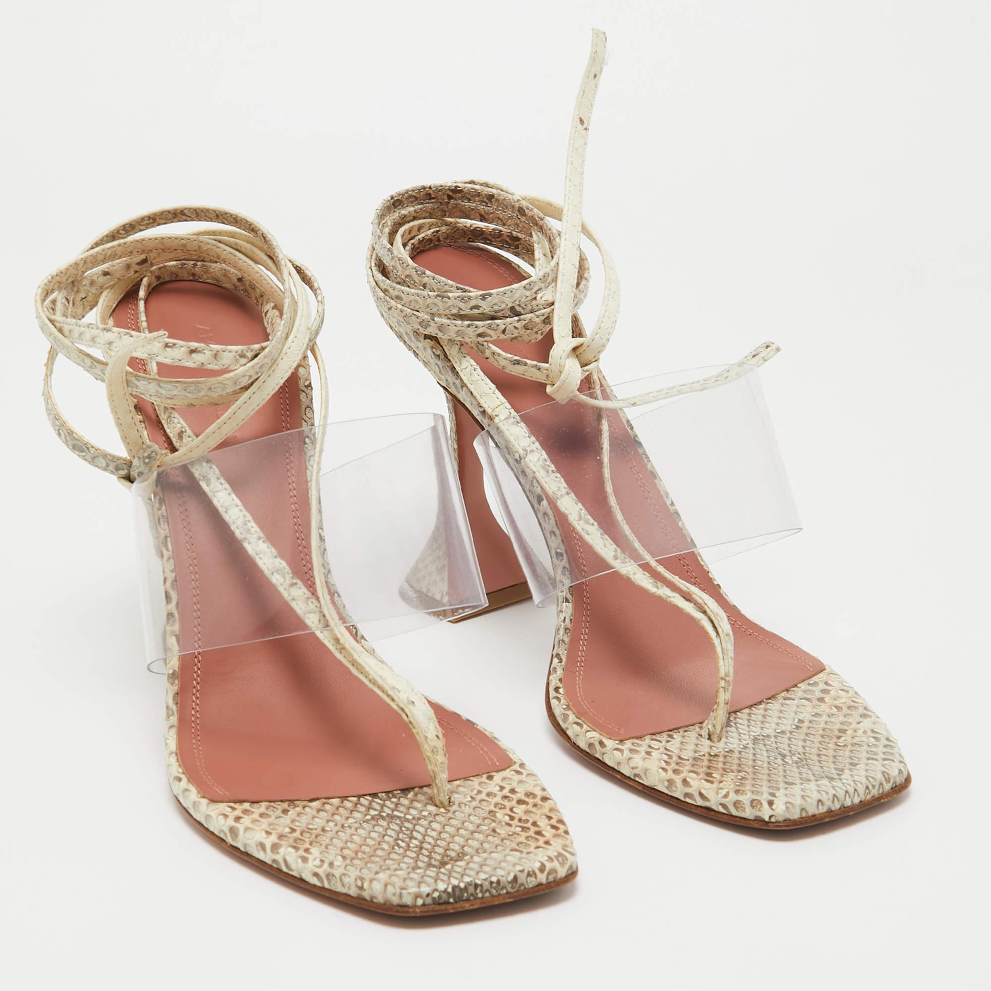 Amina Muaddi Brown/Beige Embossed Snakeskin and PVC Zula Sandals Size 40 For Sale 1