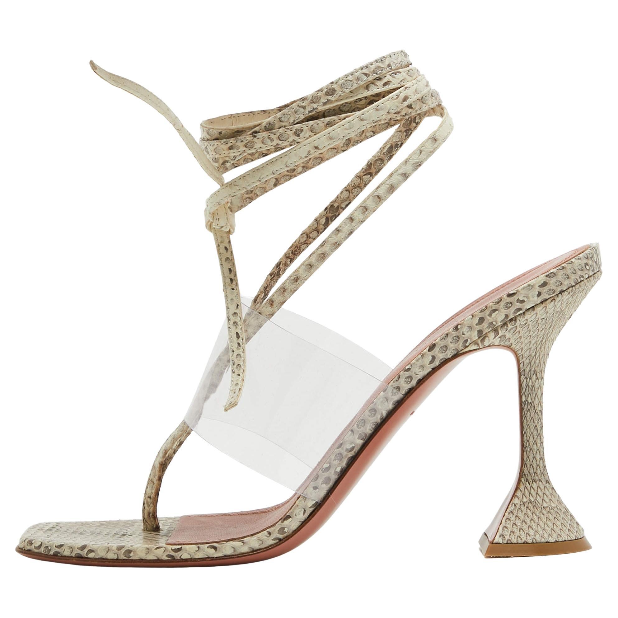 Amina Muaddi Brown/Beige Embossed Snakeskin and PVC Zula Sandals Size 40 For Sale