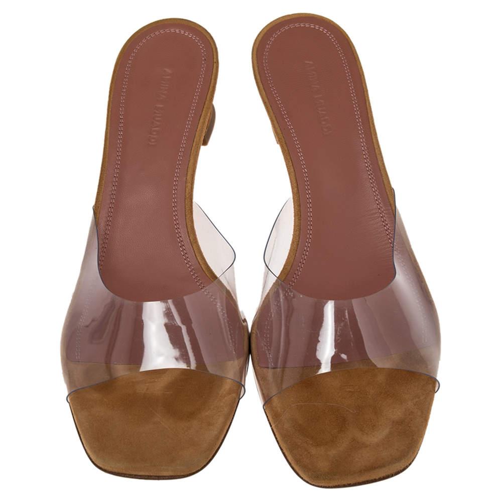 Amina Muaddi Brown/Transparent PVC and Suede Lupita Sandals Size 39.5 In Good Condition For Sale In Dubai, Al Qouz 2