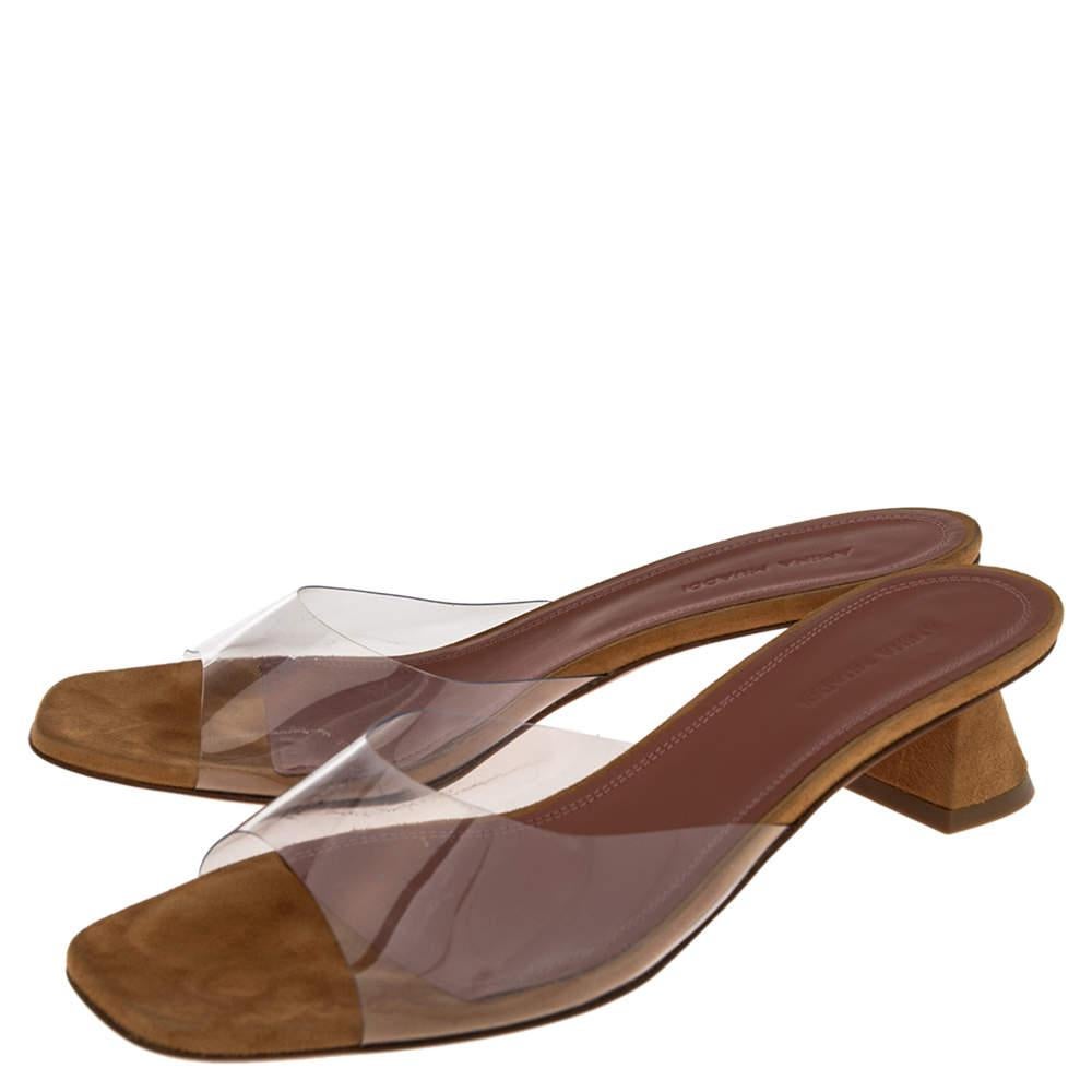 Amina Muaddi Brown/Transparent PVC and Suede Lupita Sandals Size 39.5 For Sale 1