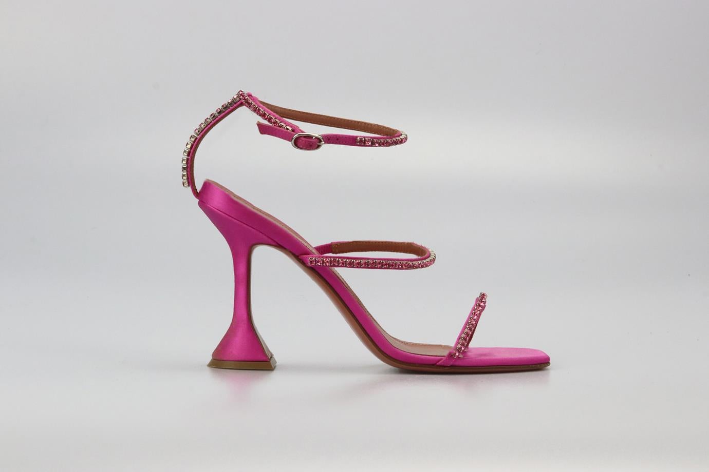 Amina Muaddi Gilda Crystal Embellished Satin Sandals. Pink. Buckle fastening - Side. Comes with - dustbag. EU 39 (UK 6, US 9). Insole: 9.7 In. Heel height: 3 In. Condition: Used. Very good condition - Wear to soles. Some wear to heels and upper