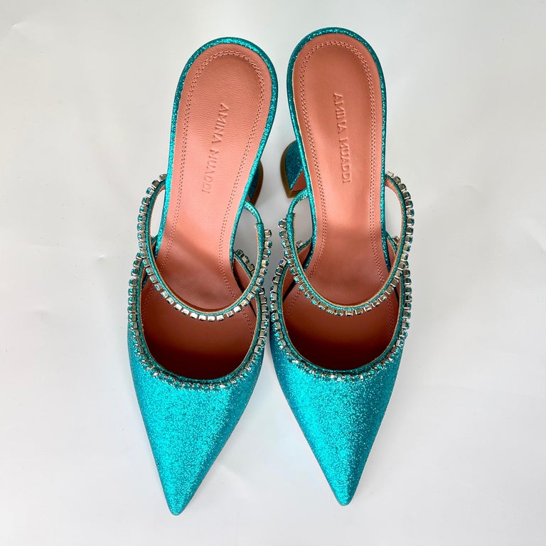 Amina Muaddi Glitter Mermaid Gilda 95 Mule Heels (36 EU) For Sale at 1stDibs