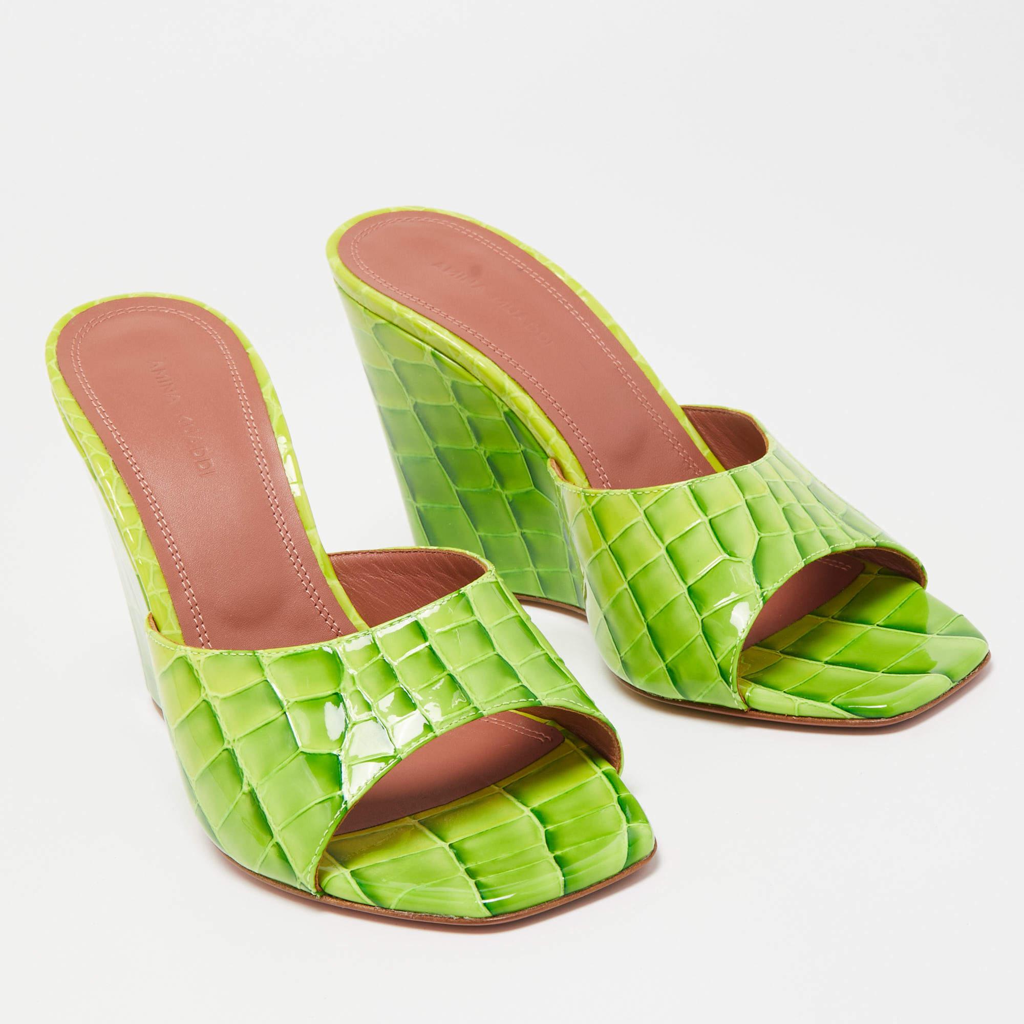 Women's Amina Muaddi Green Croc Patent Embossed lupita Wedge Sandals