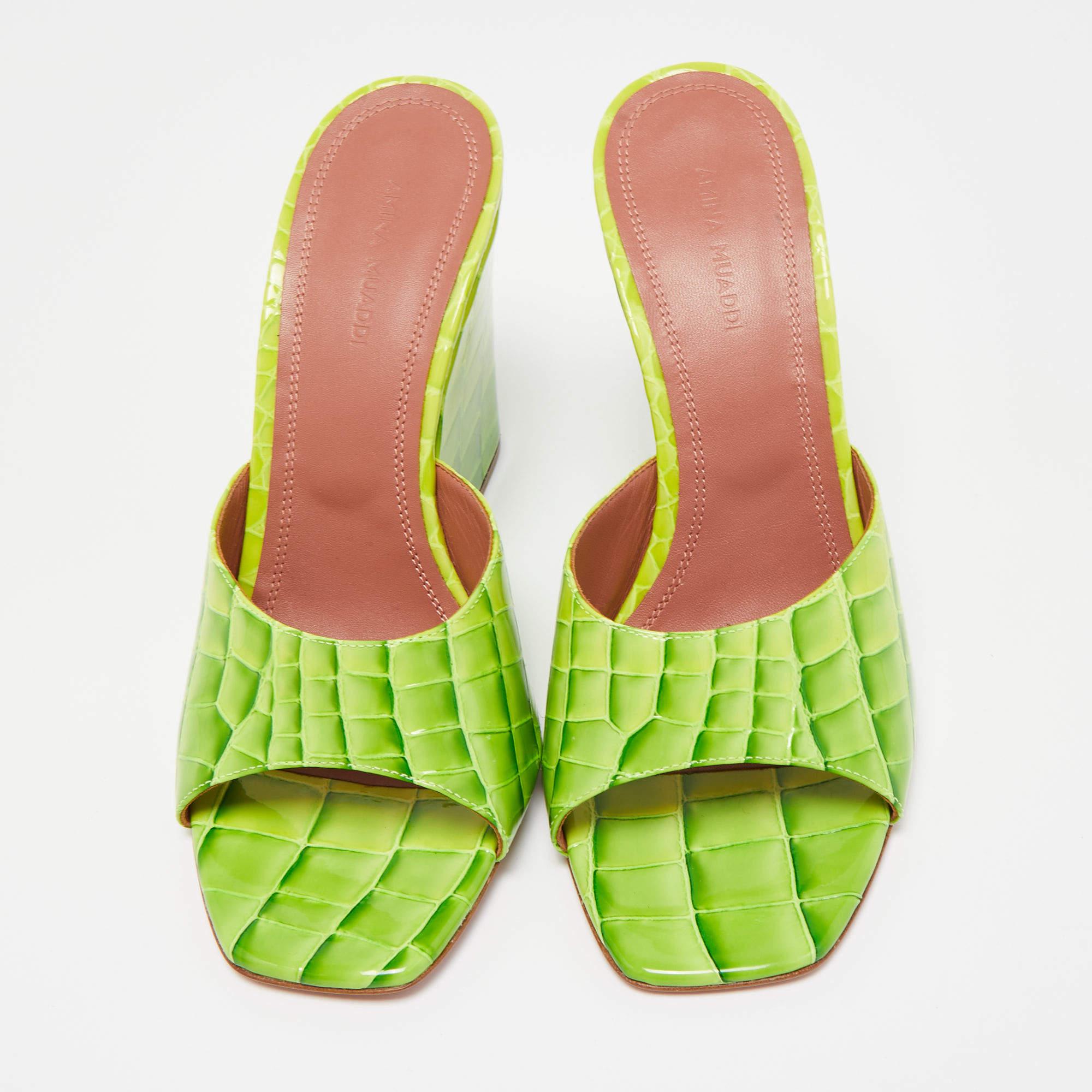 Amina Muaddi Green Croc Patent Embossed lupita Wedge Sandals 1