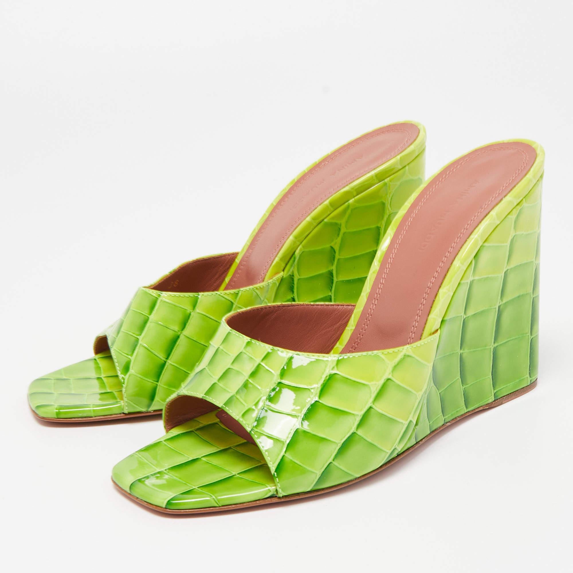 Amina Muaddi Green Croc Patent Embossed lupita Wedge Sandals 2