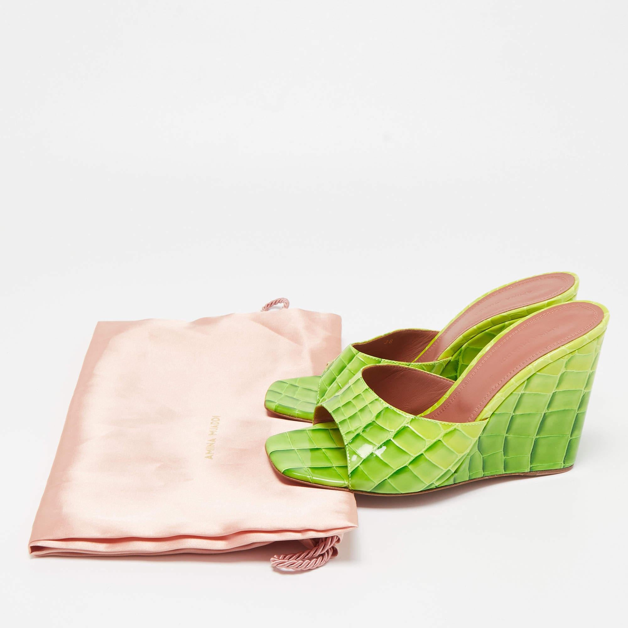 Amina Muaddi Green Croc Patent Embossed lupita Wedge Sandals 4