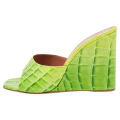 Used Amina Muaddi Green Croc Patent Embossed lupita Wedge Sandals