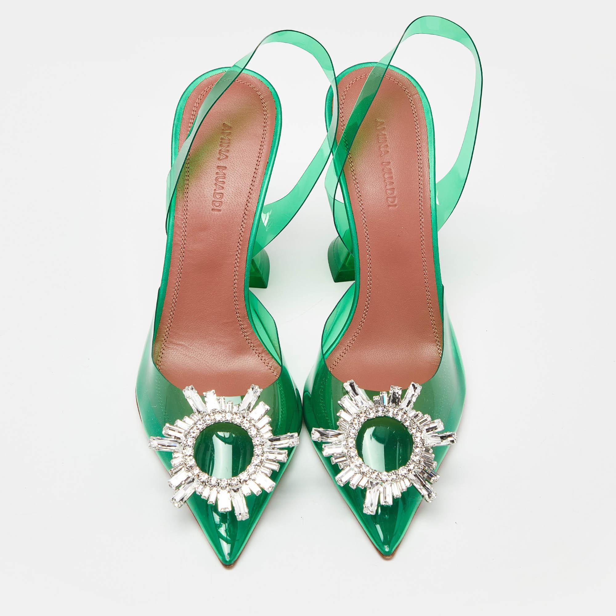 Amina Muaddi Green PVC Begum Crystal Embellished Slingback Pumps Size 37 In Fair Condition In Dubai, Al Qouz 2