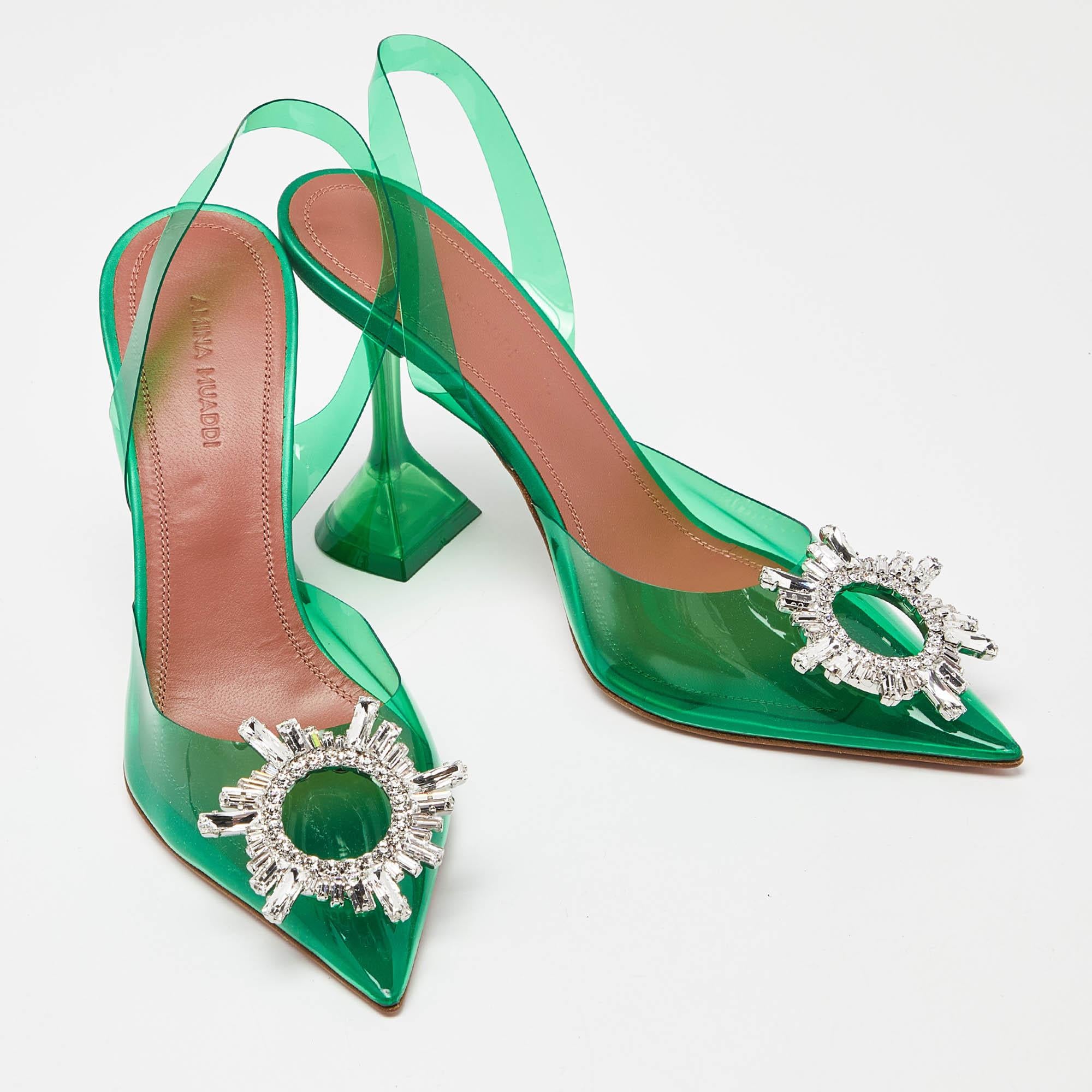 Women's Amina Muaddi Green PVC Begum Crystal Embellished Slingback Pumps Size 37