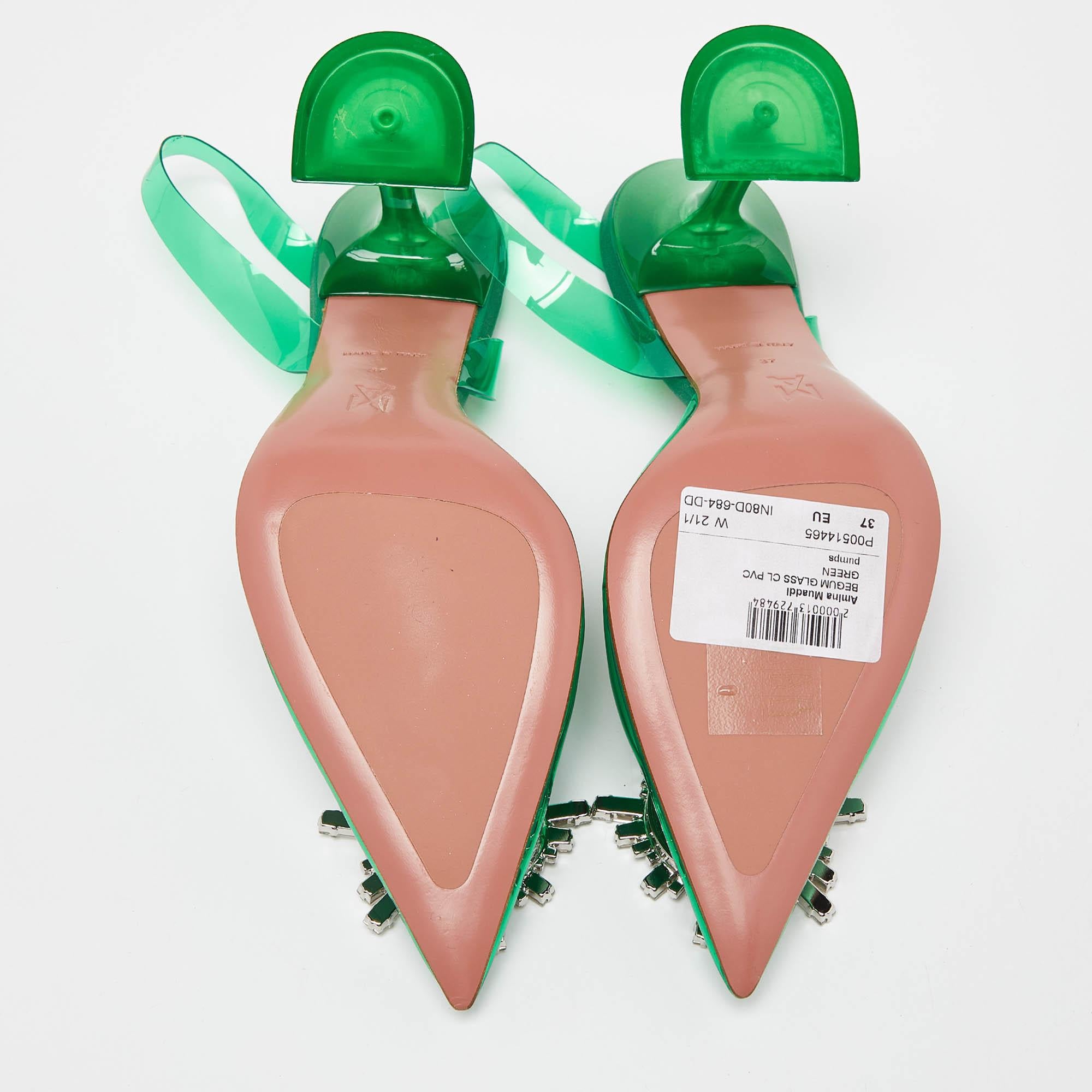 Amina Muaddi Green PVC Begum Crystal Embellished Slingback Pumps Size 37 2