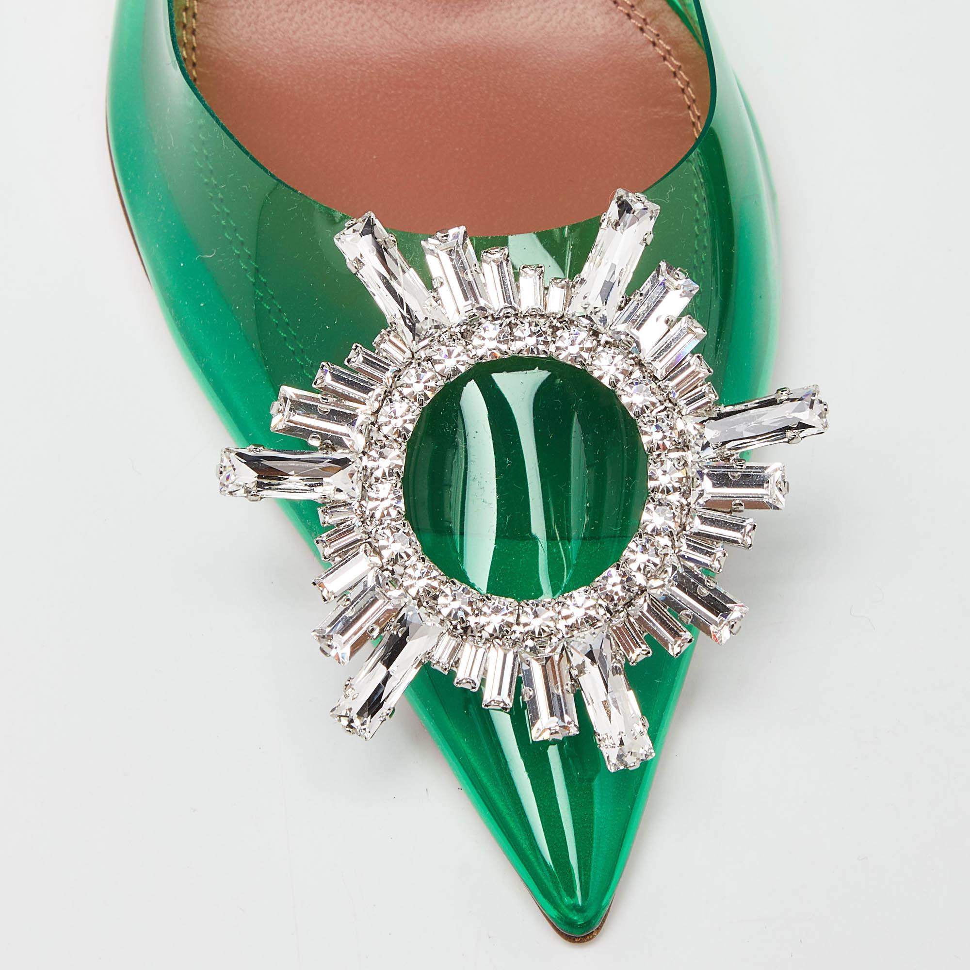 Amina Muaddi Green PVC Begum Crystal Embellished Slingback Pumps Size 37 3