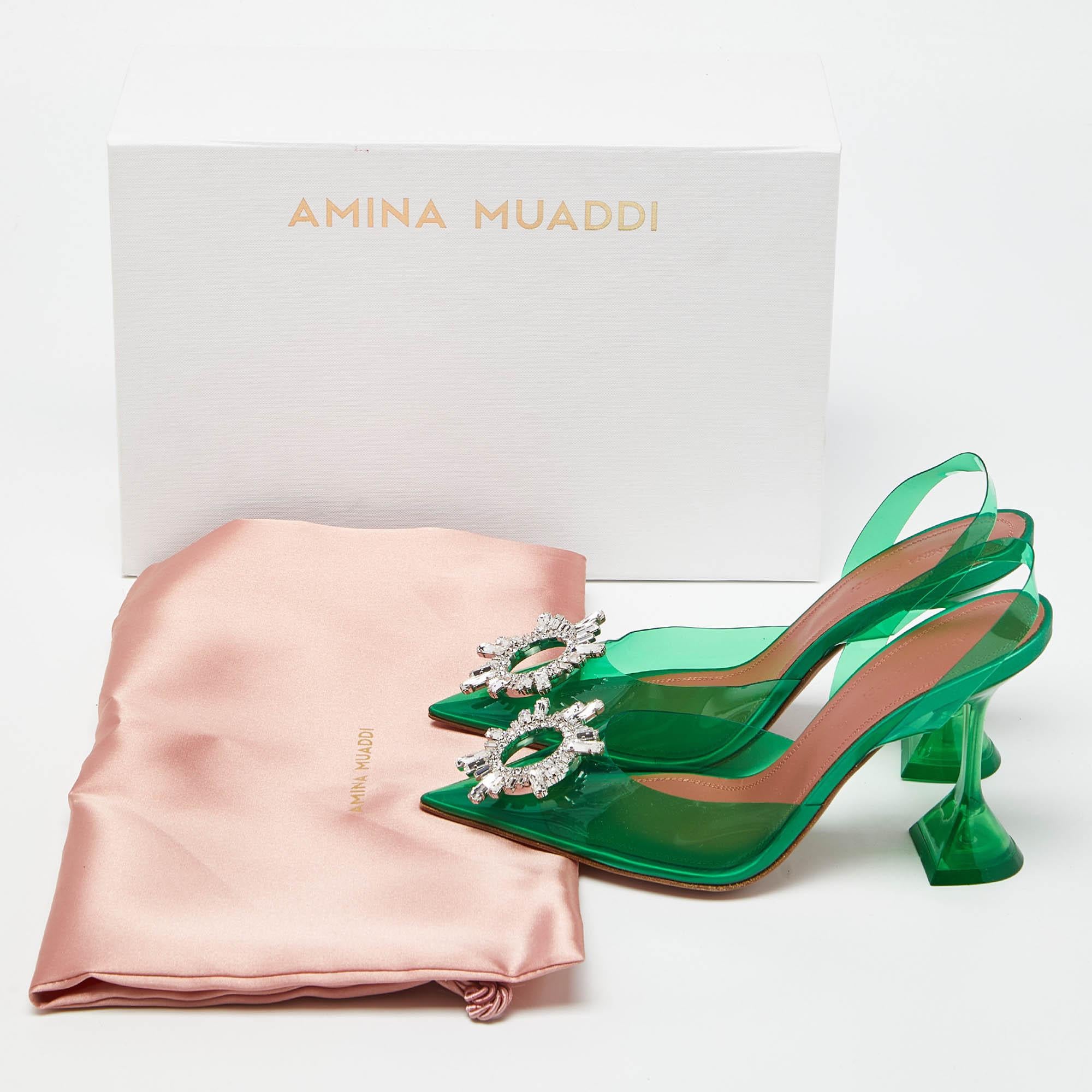 Amina Muaddi Green PVC Begum Crystal Embellished Slingback Pumps Size 37 5