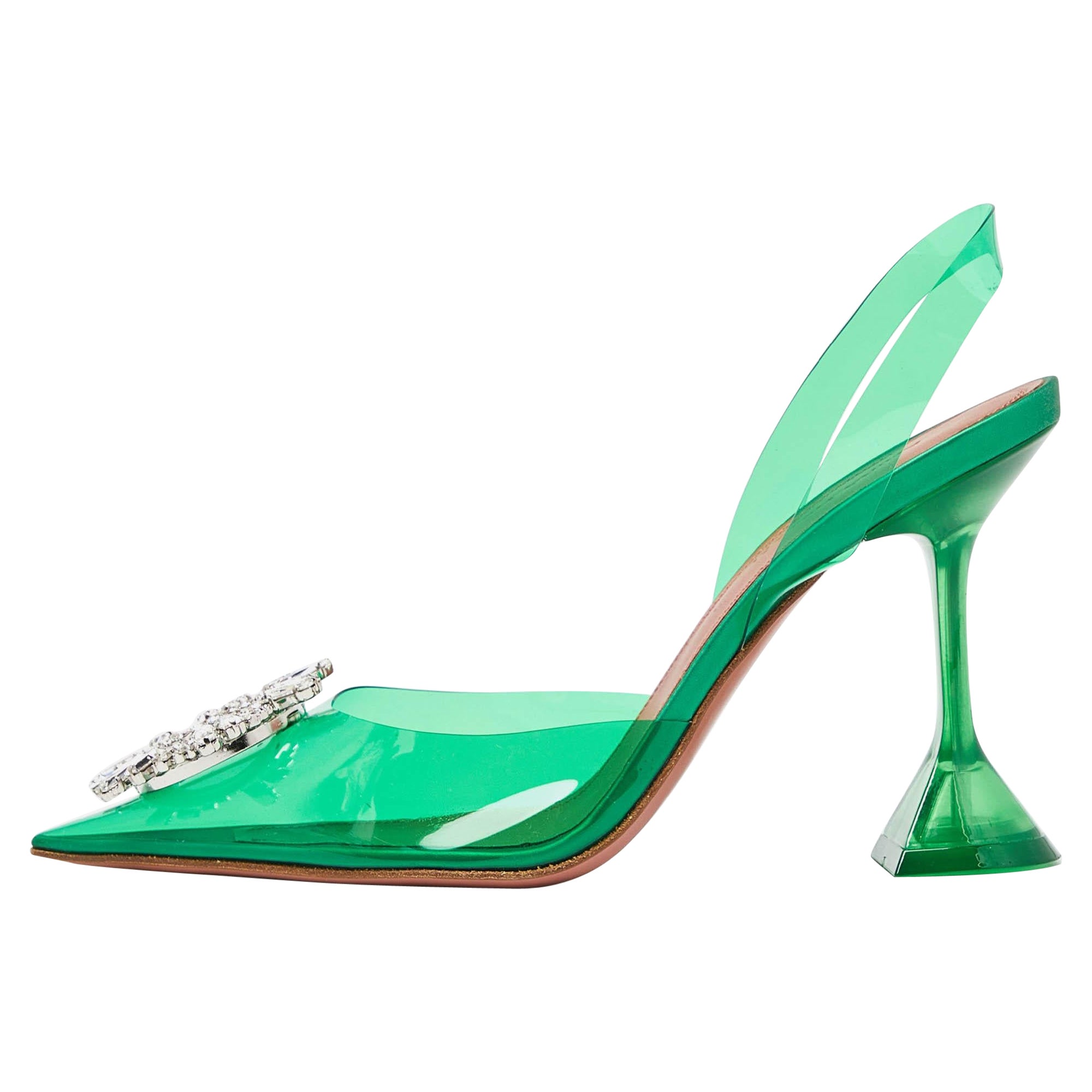 Amina Muaddi Green PVC Begum Crystal Embellished Slingback Pumps Size 37