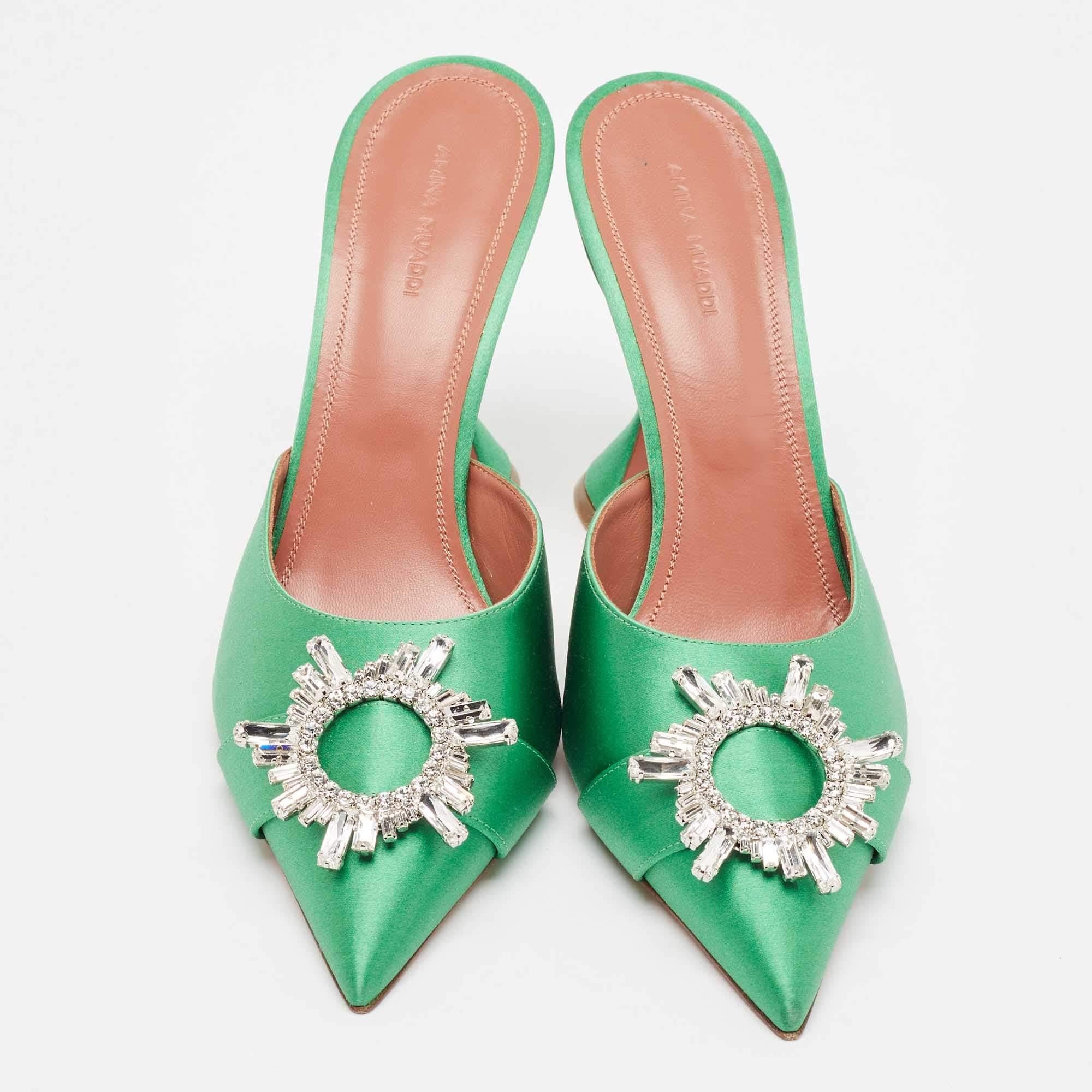 Vert Amina Muaddi Mules à bout pointu en satin vert ornées de cristaux Begum Taille 40,5