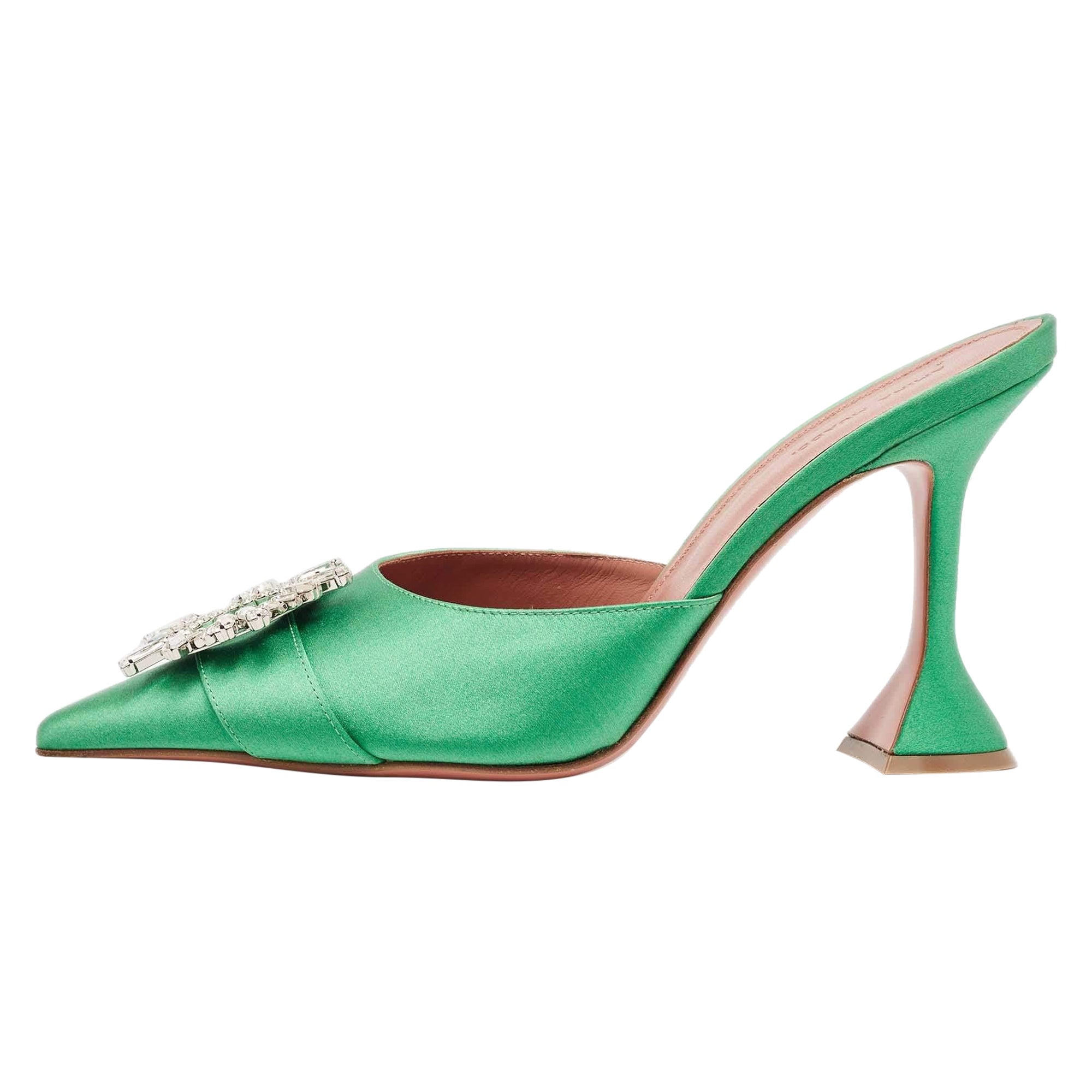 Amina Muaddi Mules à bout pointu en satin vert ornées de cristaux Begum Taille 40,5