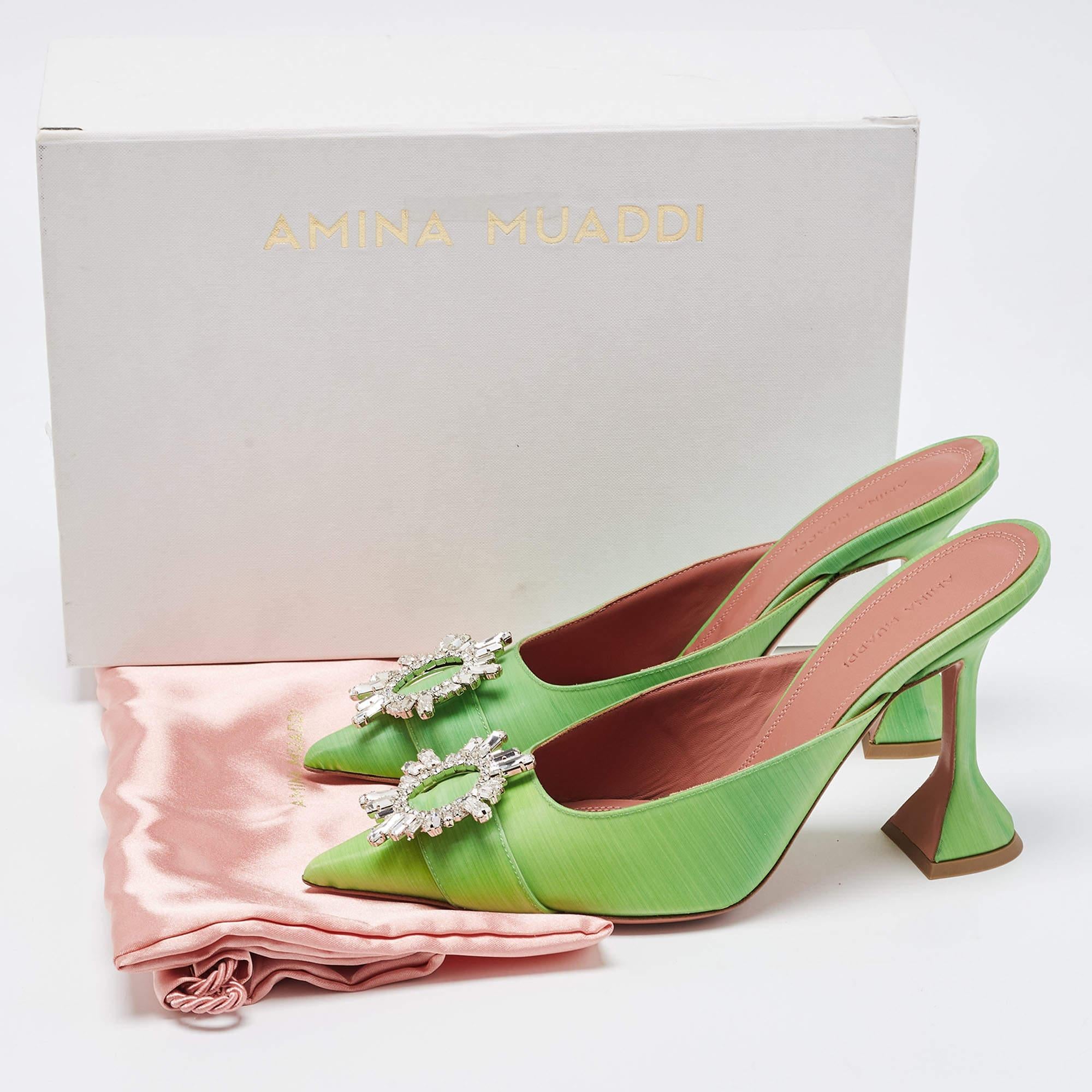 Amina Muaddi Green Vinyl Begum Crystal Embellished Mules Size 39 4