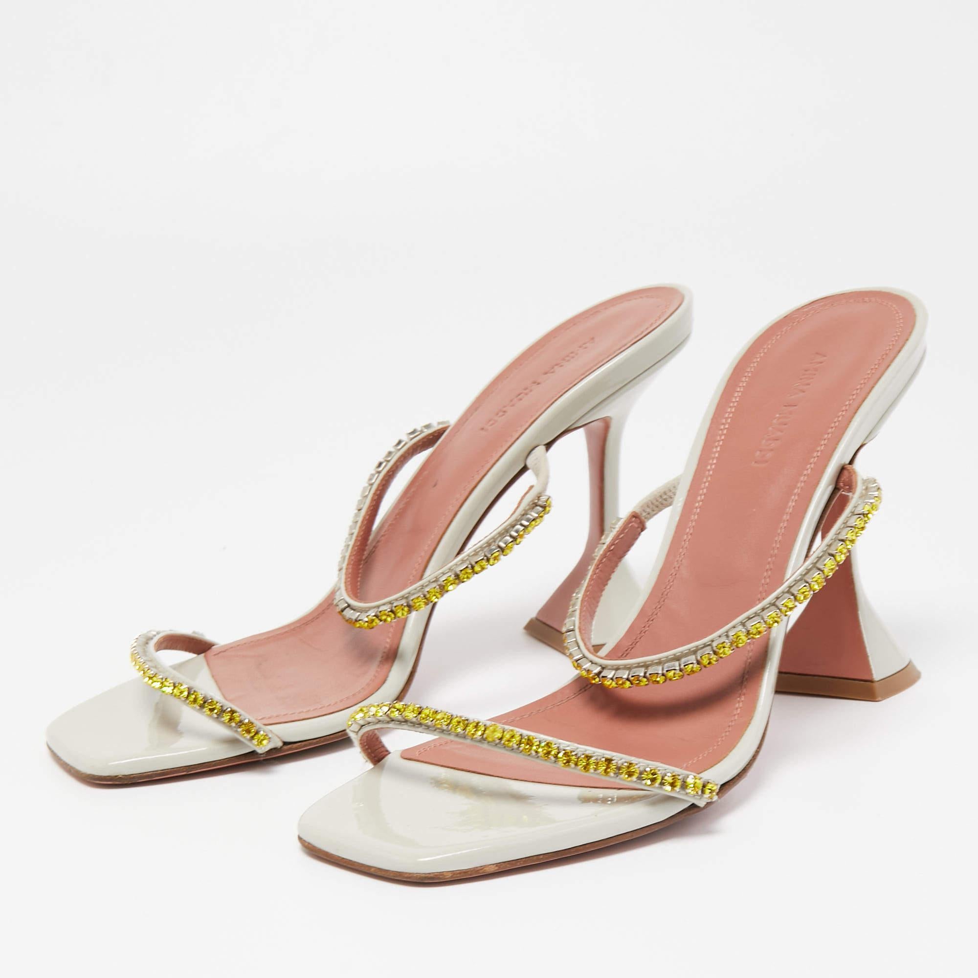 Women's Amina Muaddi Grey Patent Crystal Gilda Sandals Size 38