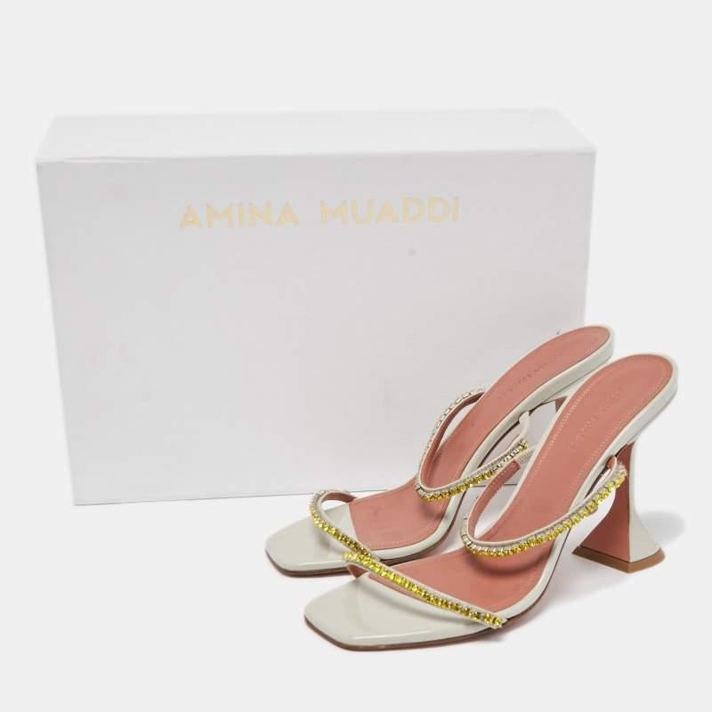 Amina Muaddi Grey Patent Crystal Gilda Sandals Size 38 4