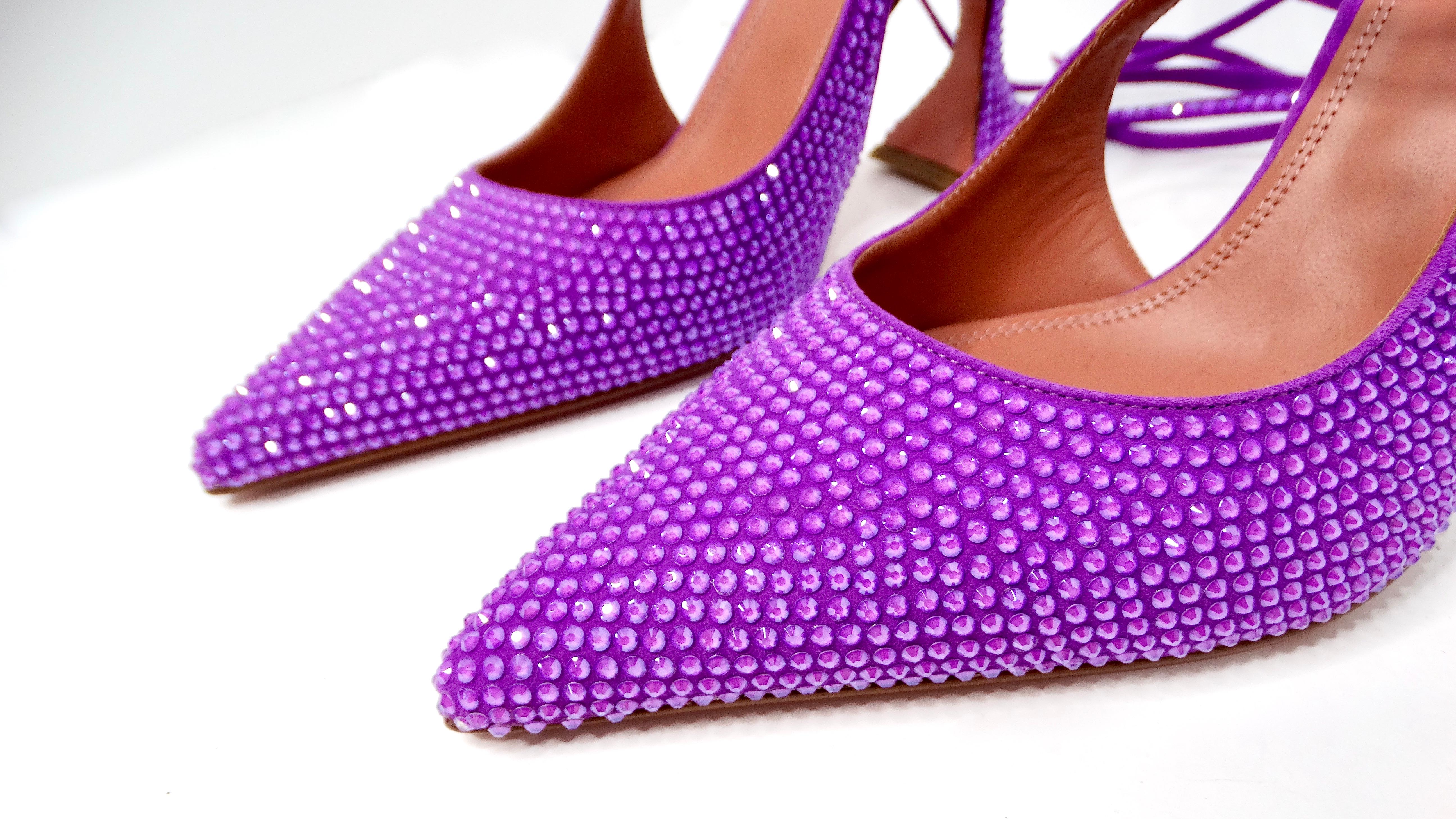 Amina Muaddi Karma Suede Purple Rhinestone Embellished Lace-Up Pumps In Good Condition In Scottsdale, AZ