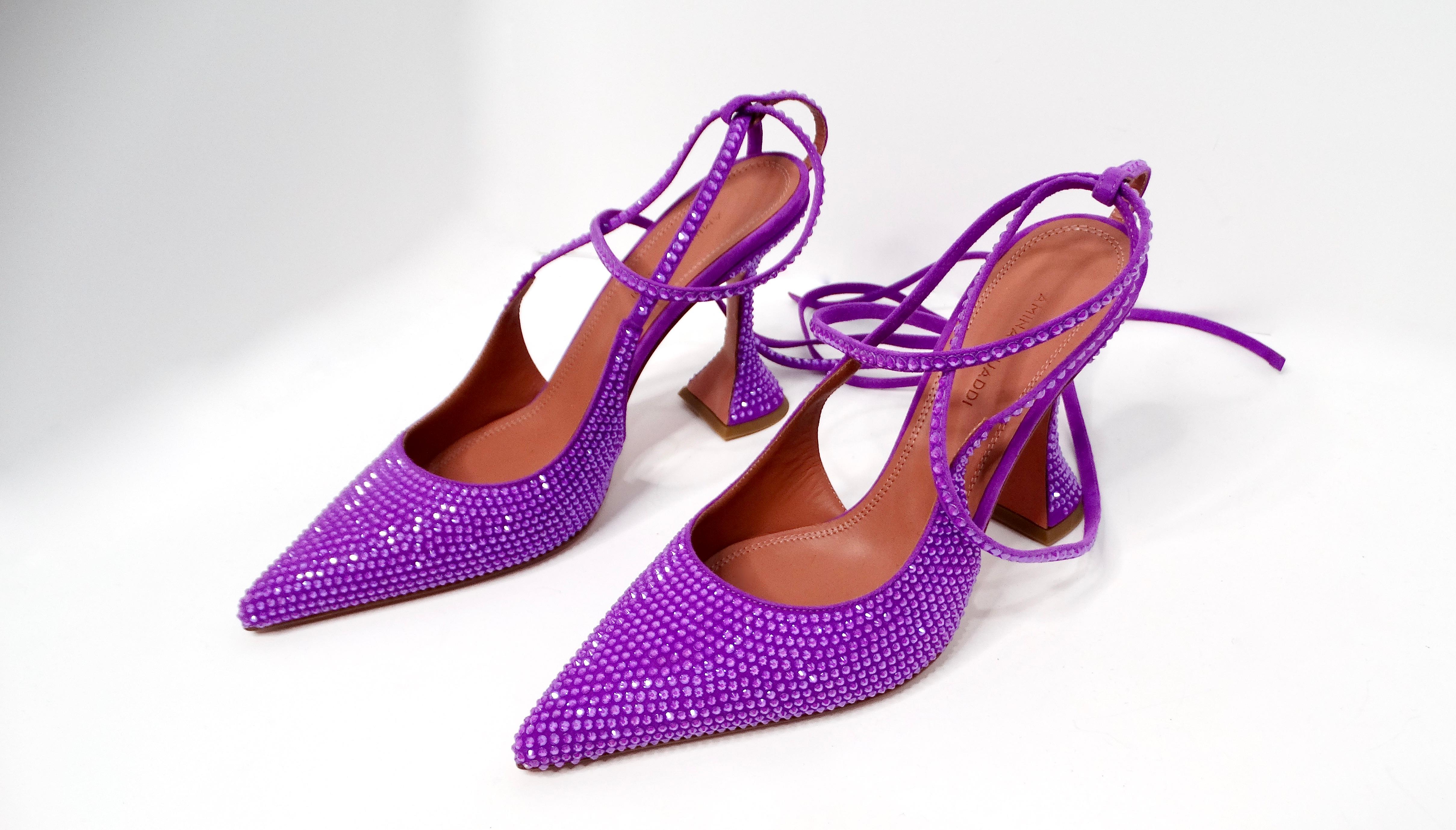 Women's Amina Muaddi Karma Suede Purple Rhinestone Embellished Lace-Up Pumps