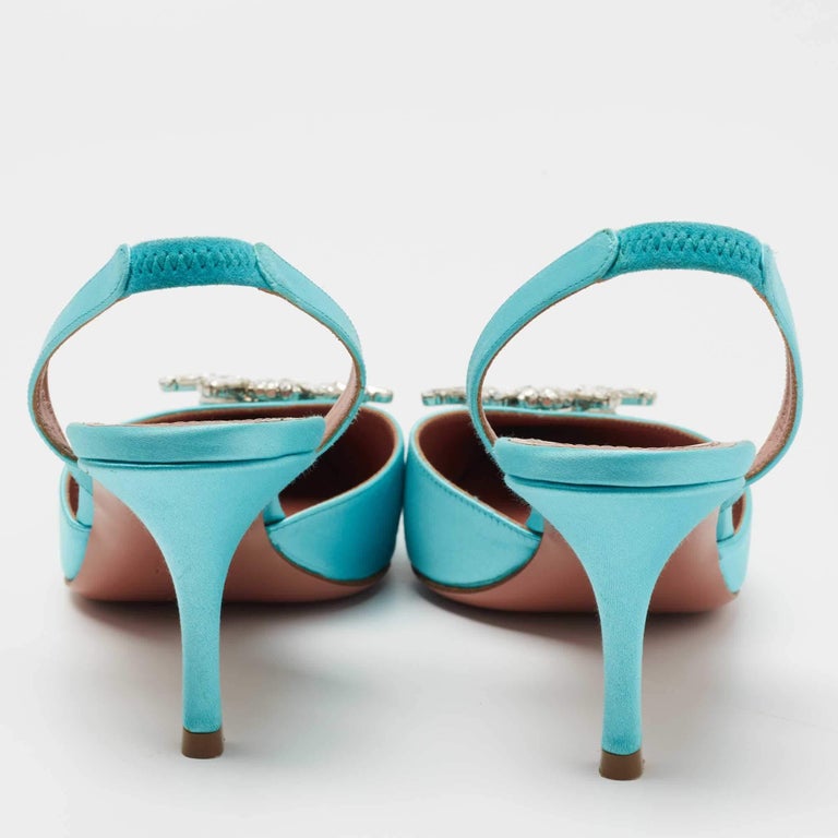Amina Muaddi Light Blue Satin Begum Slingback Pumps Size 39 For Sale at