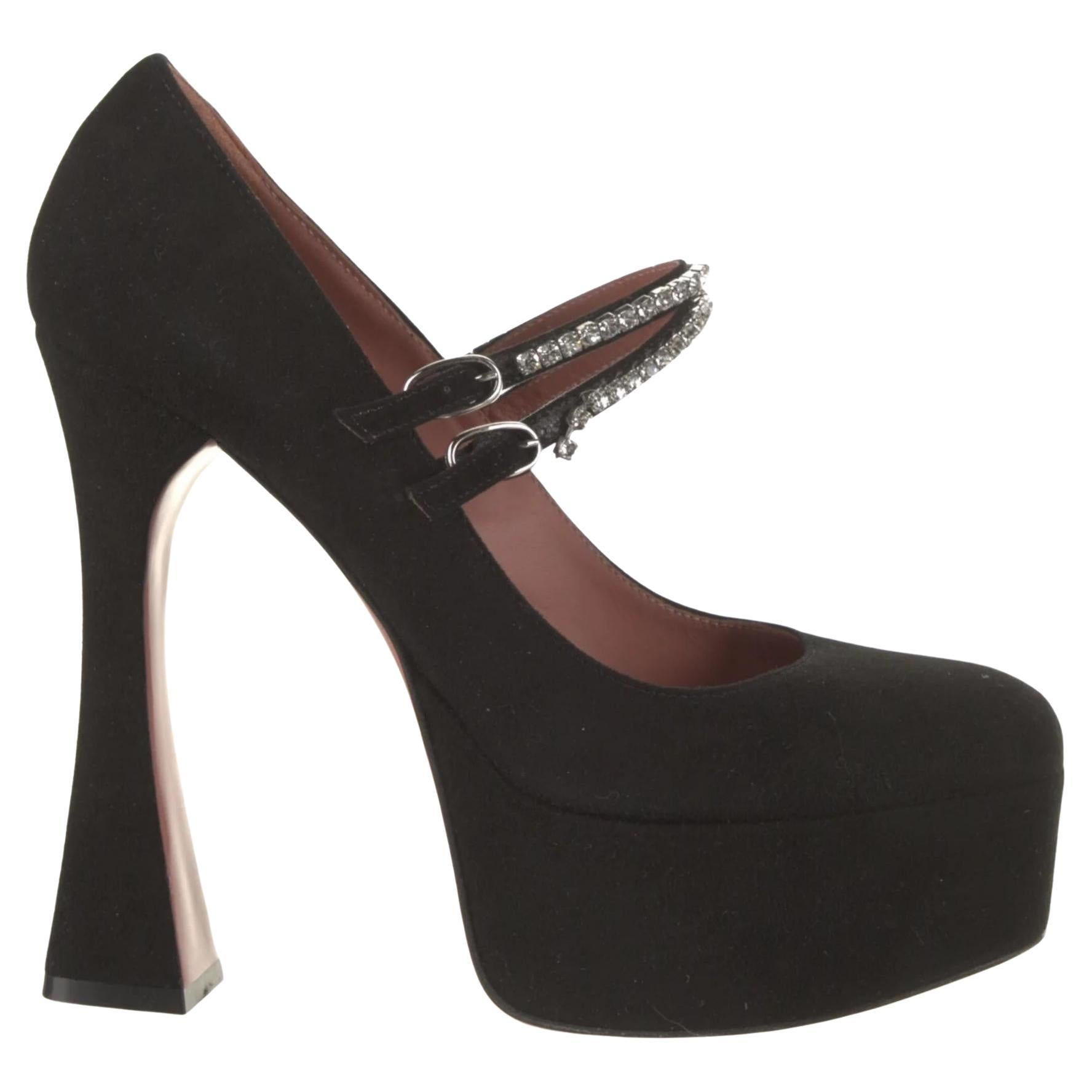 Amina Muaddi Mary Jane Black Velvet Platform Heels (36 EU) For Sale