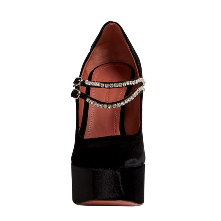Women's Amina Muaddi Mary Jane Black Velvet Platform Heels (39 EU) For Sale