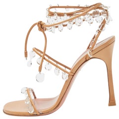 Amina Muaddi Metallic Beige Leather Tina Sandals Size 39