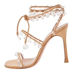 Amina Muaddi Metallic Beige Leather Tina Sandals Size 39