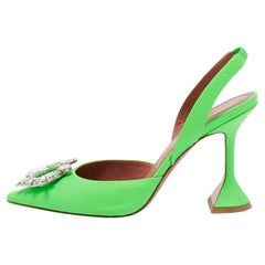 Amina Muaddi Neon Green Leather Begum Crystal Embellished Slingback Sandals Size