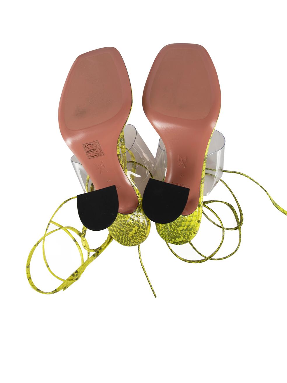 Amina Muaddi Neon Yellow Snakeskin Zula 95 PVC Thong Sandals Size IT In New Condition In London, GB