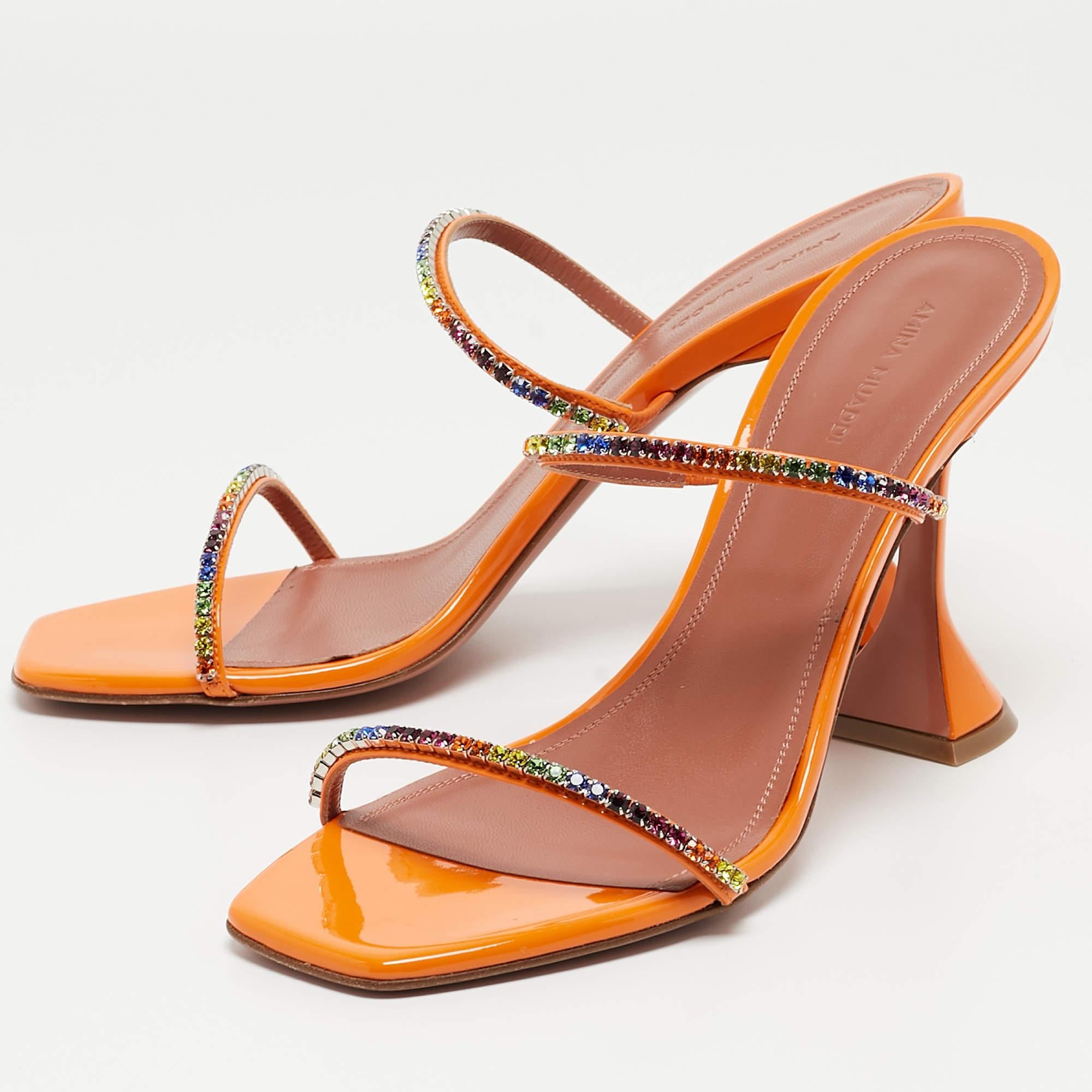 Amina Muaddi Orange Crystal Embellished Satin Glida Slide Sandals Size 40 In Excellent Condition In Dubai, Al Qouz 2