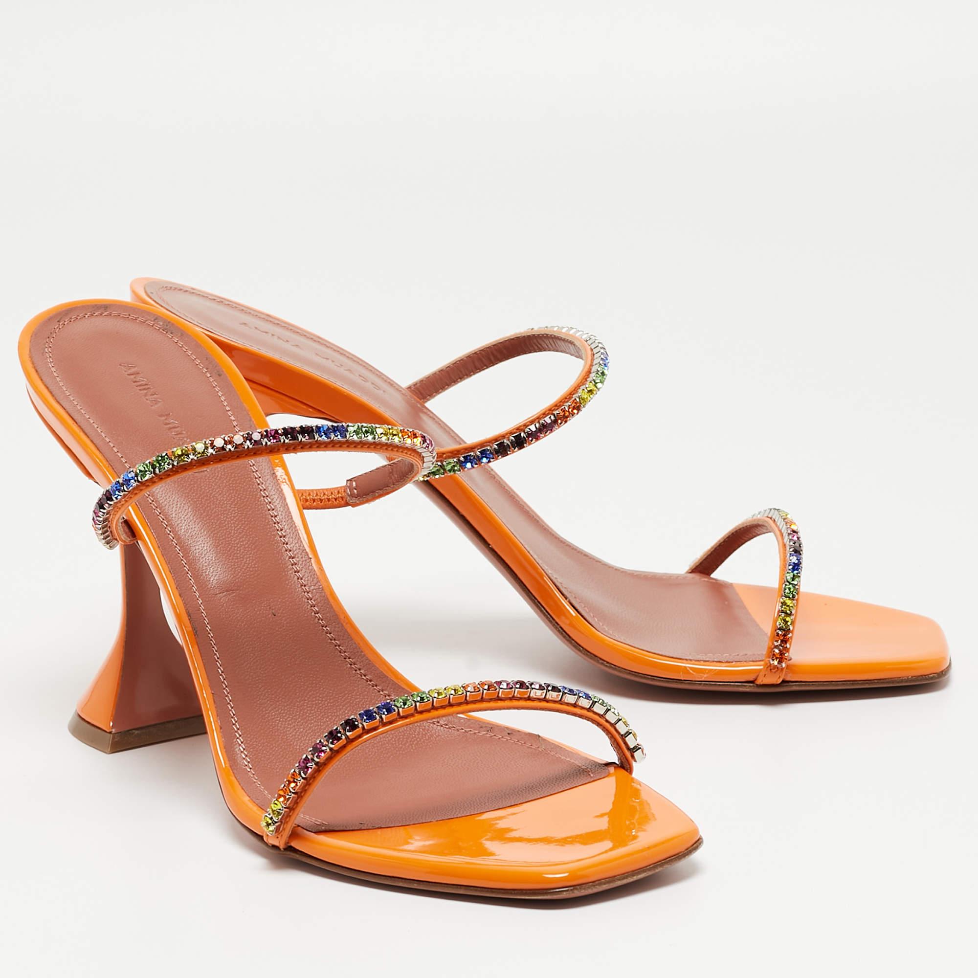 Women's Amina Muaddi Orange Crystal Embellished Satin Glida Slide Sandals Size 40