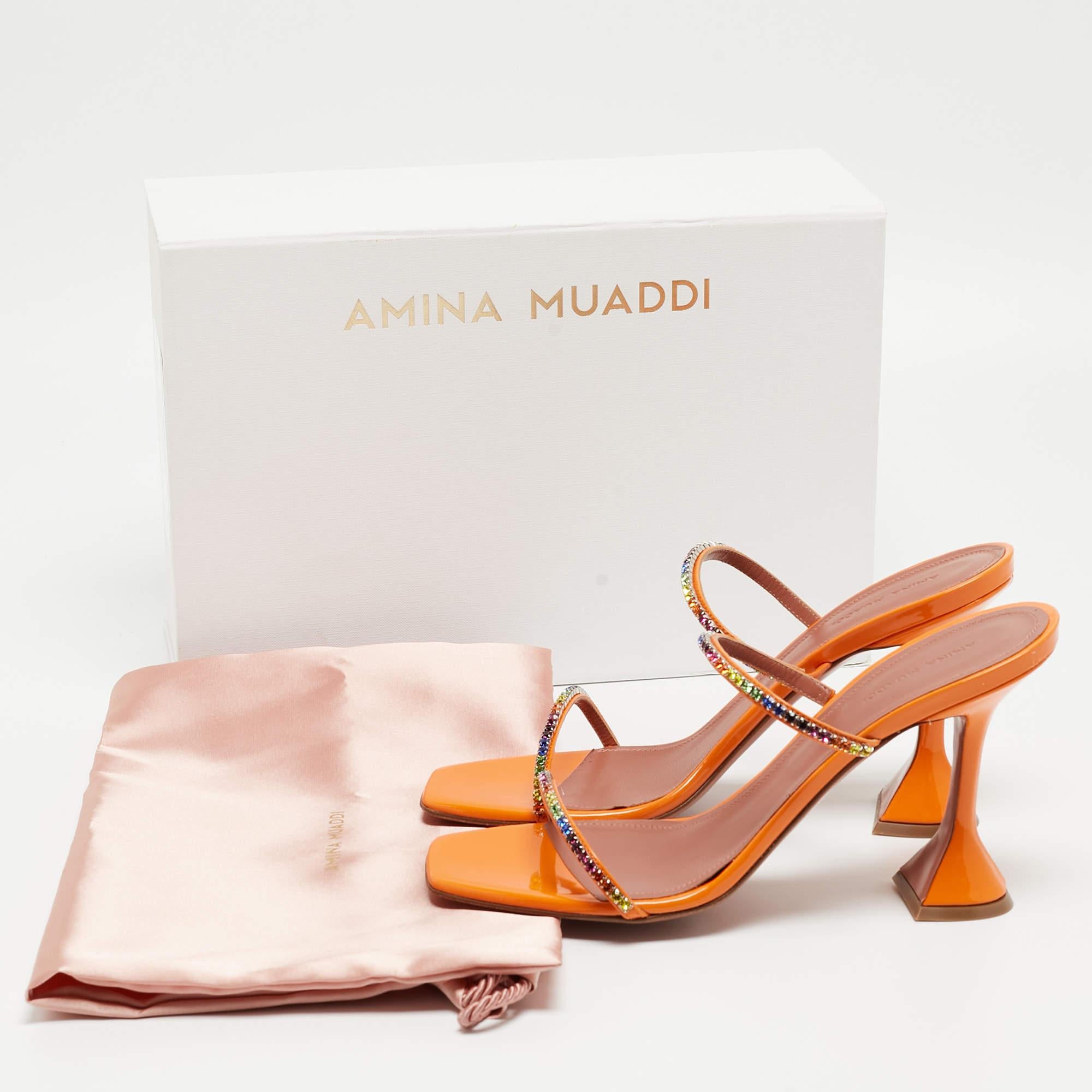 Amina Muaddi Orange Crystal Embellished Satin Glida Slide Sandals Size 40 5