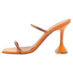 Used Amina Muaddi Orange Crystal Embellished Satin Glida Slide Sandals Size 40