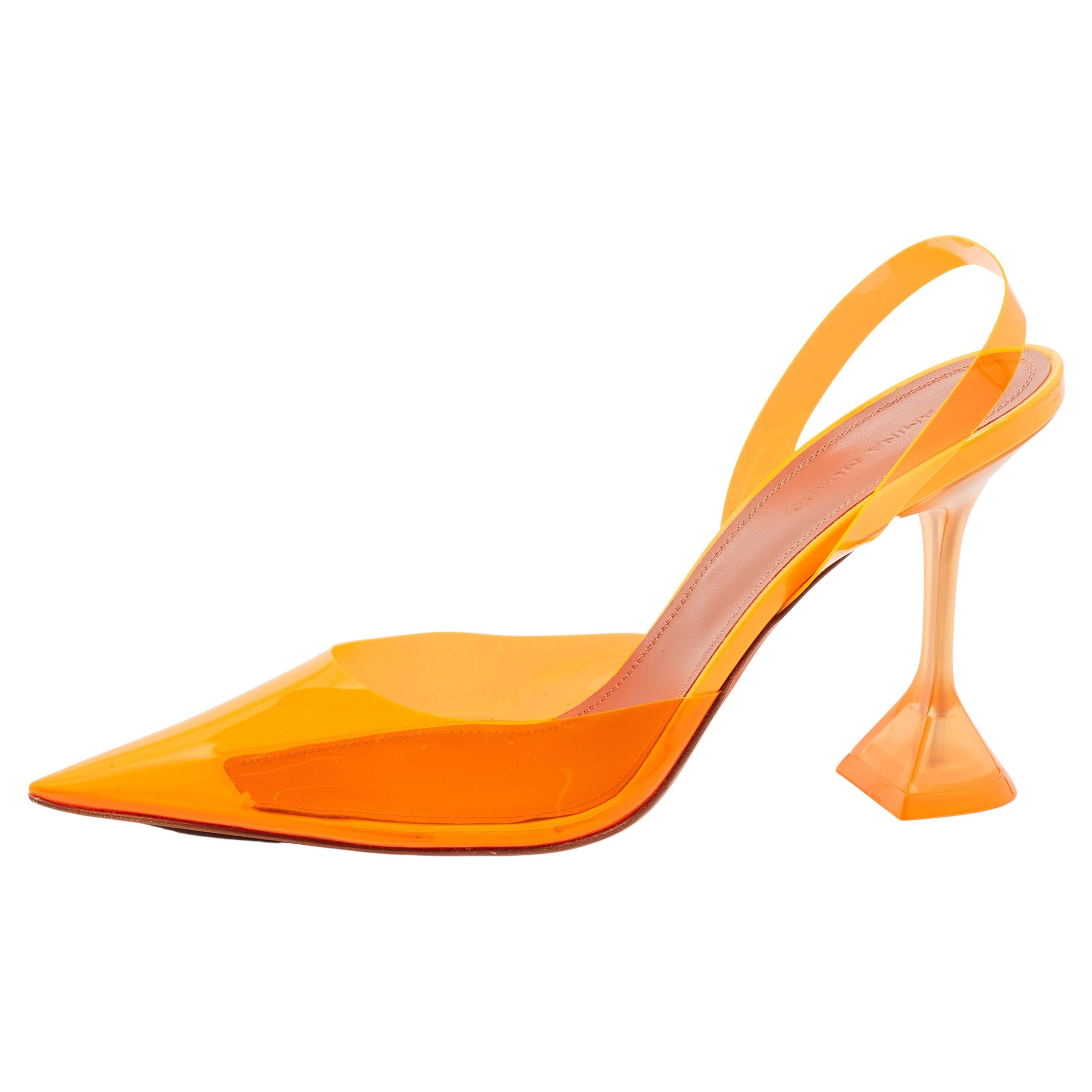Amina Muaddi Orange PVC Holli Glass Slingback Pumps Size 40.5 For Sale