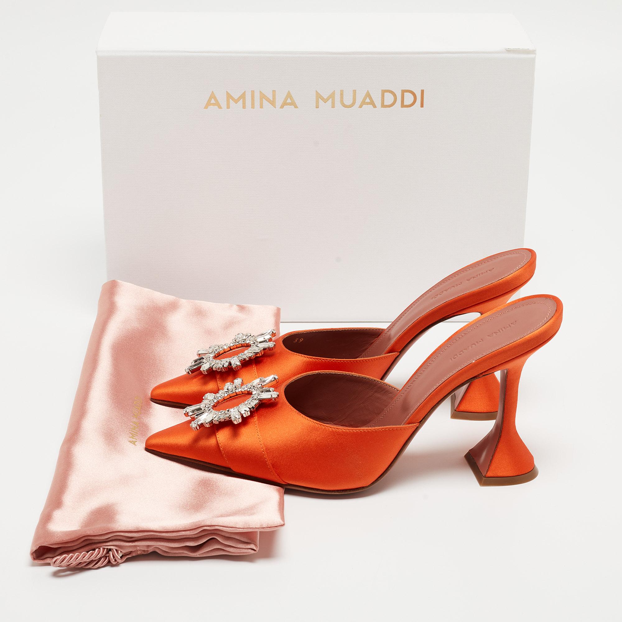 Amina Muaddi Orange Satin Begum Mules Size 39 For Sale 6
