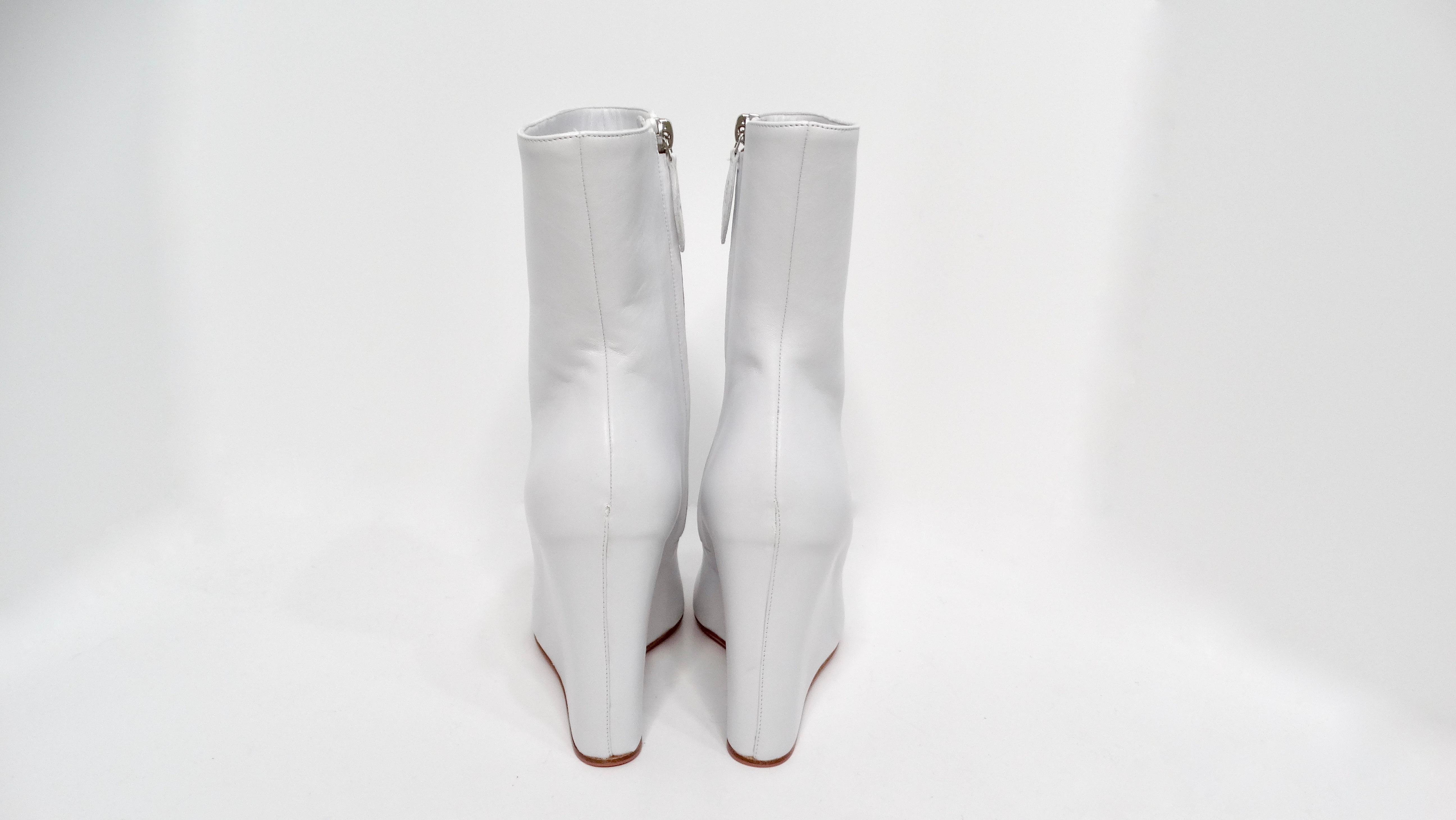 Amina Muaddi Pernille White Leather Wedge Boots In Good Condition For Sale In Scottsdale, AZ