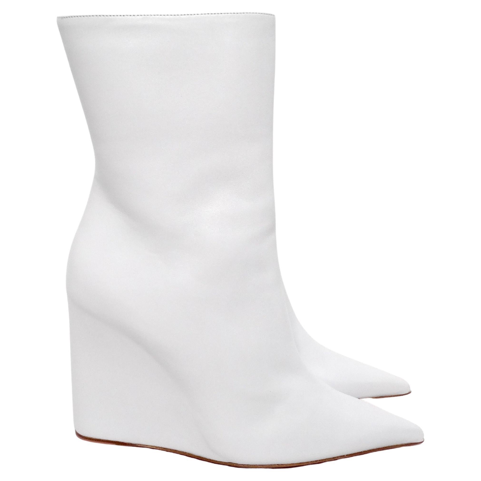 Amina Muaddi Pernille White Leather Wedge Boots For Sale