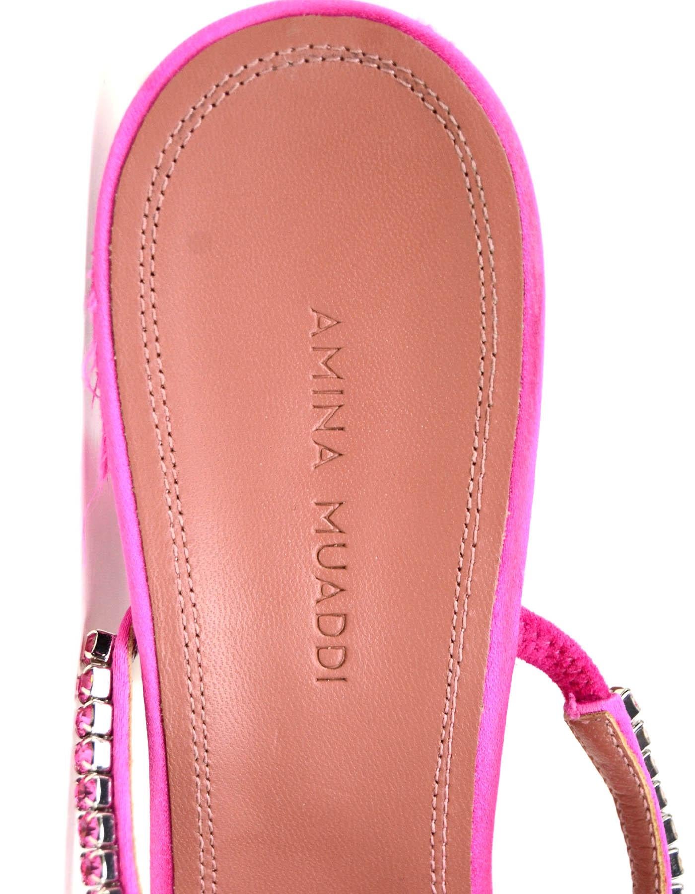 Amina Muaddi Pink Gilda Satin Embellished Sandals Slides sz 39 In Good Condition In New York, NY