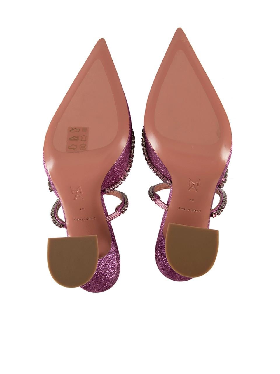 Amina Muaddi Pink Glitter Crystal Gilda 95 Mules Size IT 37 In Good Condition In London, GB