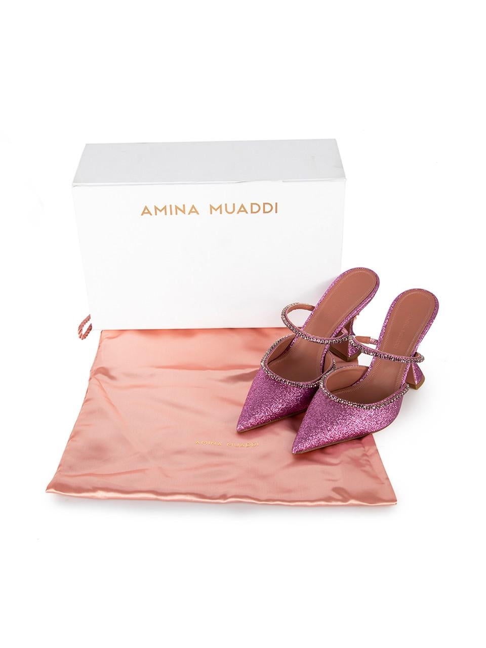 Amina Muaddi Pink Glitter Crystal Gilda 95 Mules Size IT 37 4