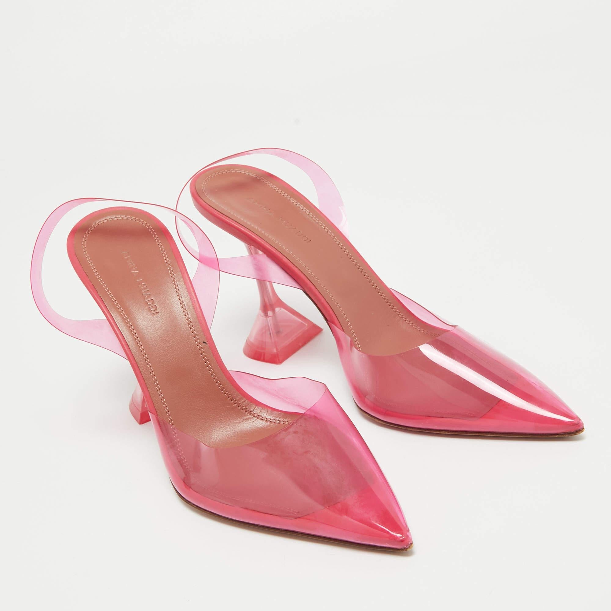 Amina Muaddi Pink PVC Holli Glass Slingback Pumps Size 38 In Good Condition For Sale In Dubai, Al Qouz 2